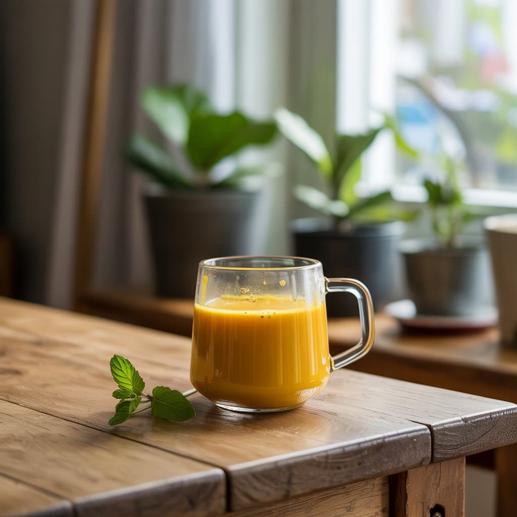 Golden Mounjaro recipe wellness drink in a clear glass mug by a bright window with plants, styled for a peaceful morning routine
