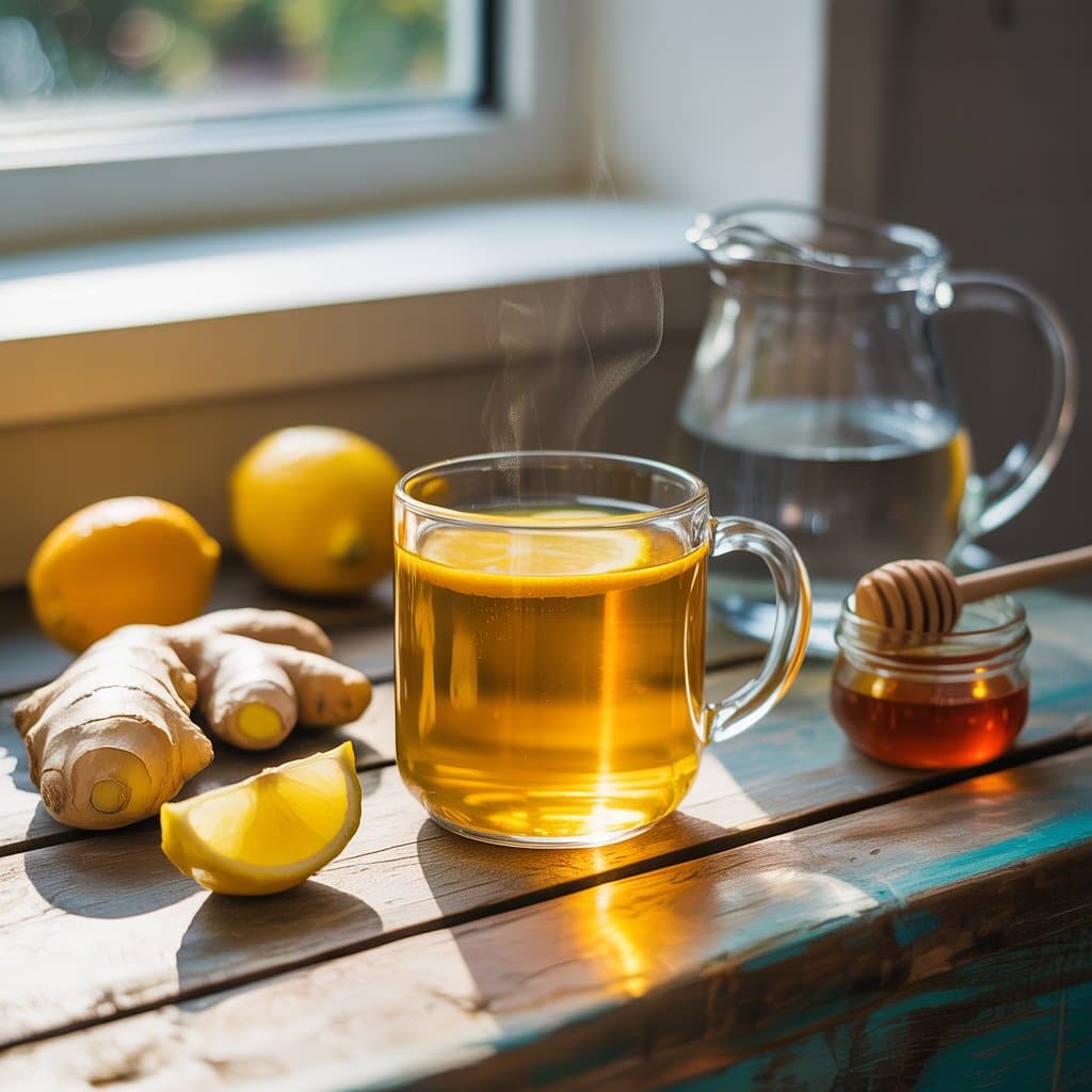 Steaming golden Mounjaro recipe drink in glass mug with fresh ginger, lemon, and honey ingredients on wooden table