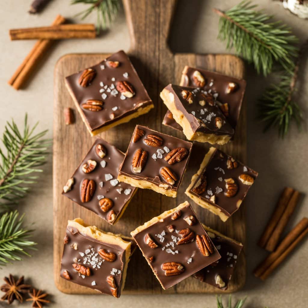 Saltine cracker toffee pieces with chocolate and pecans arranged on wooden board with pine branches and cinnamon sticks