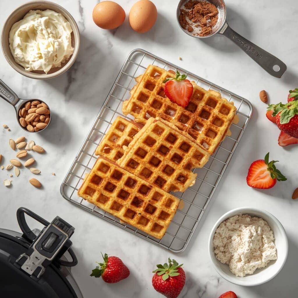 Overhead view of protein waffle recipe on cooling rack surrounded by cottage cheese, eggs, almond flour, and fresh berries